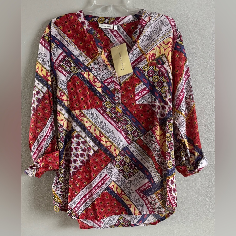 NWT Cotton Daisy Women's Bohemian Slightly Sheer Blouse Sz XL Rolled 3/4 Sleeves